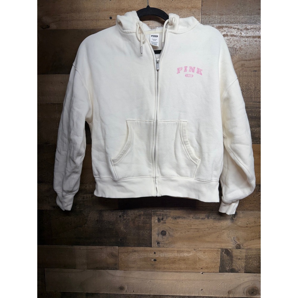 PINK Victoria's Secret Full Zip Hoodie Cream White Pink Logo XS Sweatshirt